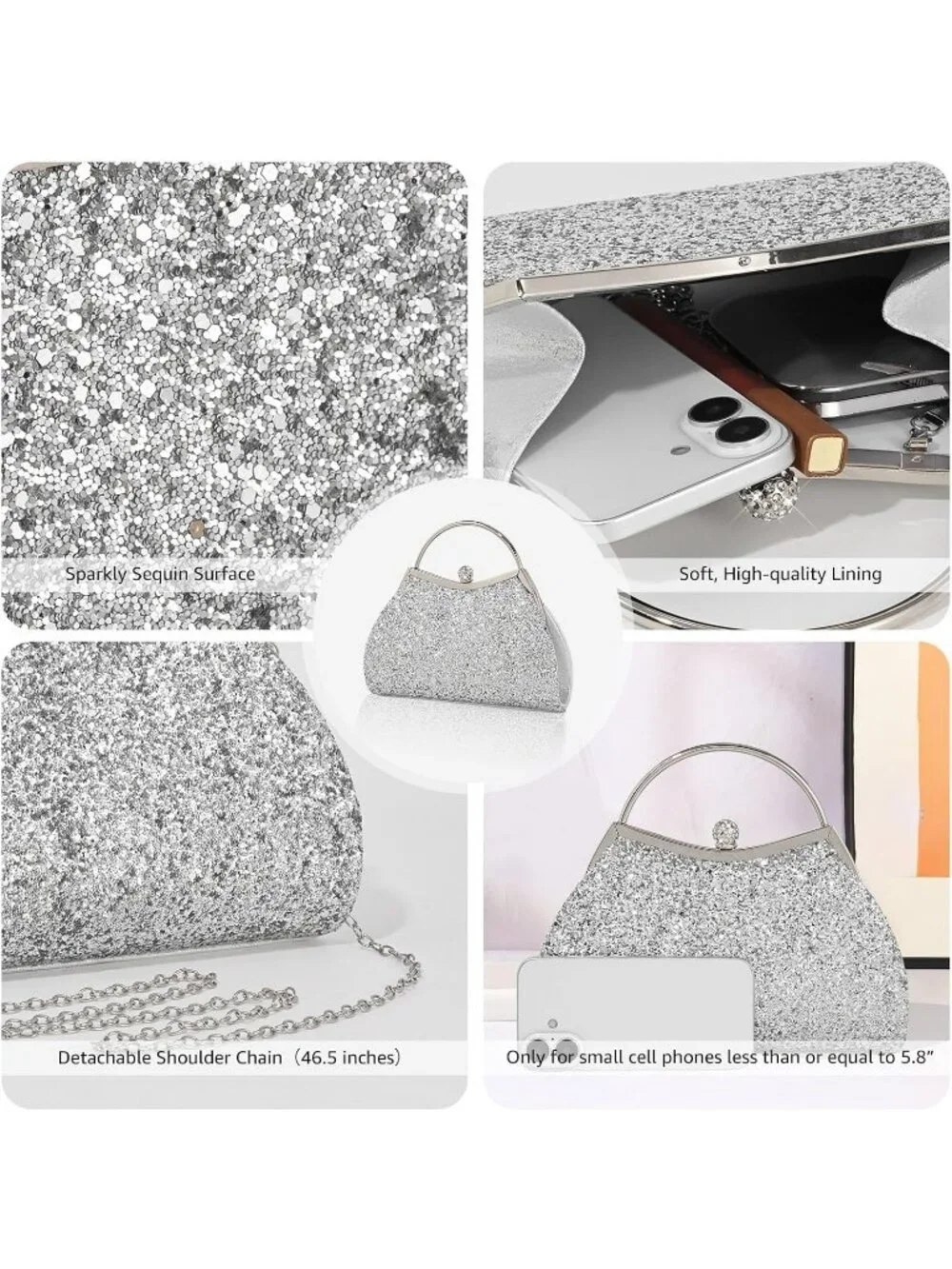 Women Sequin Silver Glitter Pleated Clutch Purse For Sparkly Evening Wedding Bag